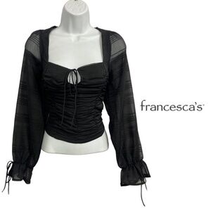 Francesca’s Audrey Parks Ruched Sheer Long Sleeve Square Neck Blouse Black - M
